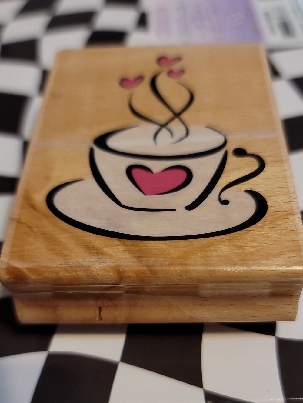 wood-mounted rubber craft stamp featuring a coffee cup and steam design